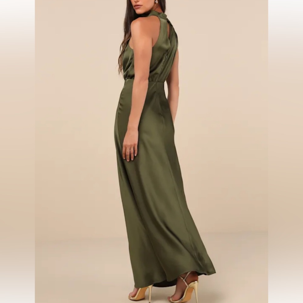 NWT Lulus Distinctive Charm Olive Green Satin Asymmetrical Maxi Dress - Picture 2 of 4